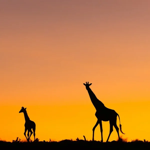 Giraffes walking across savannah with Mount Kilimanjaro in background