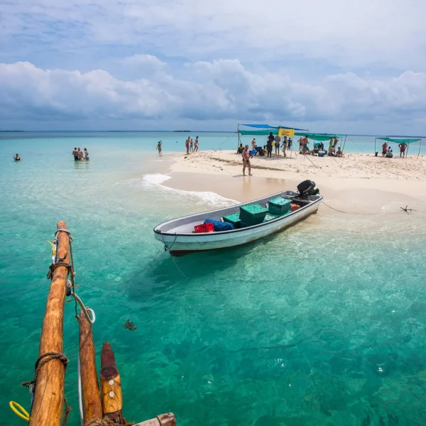 Luxury boat anchored offshore of Zanzibar island resort